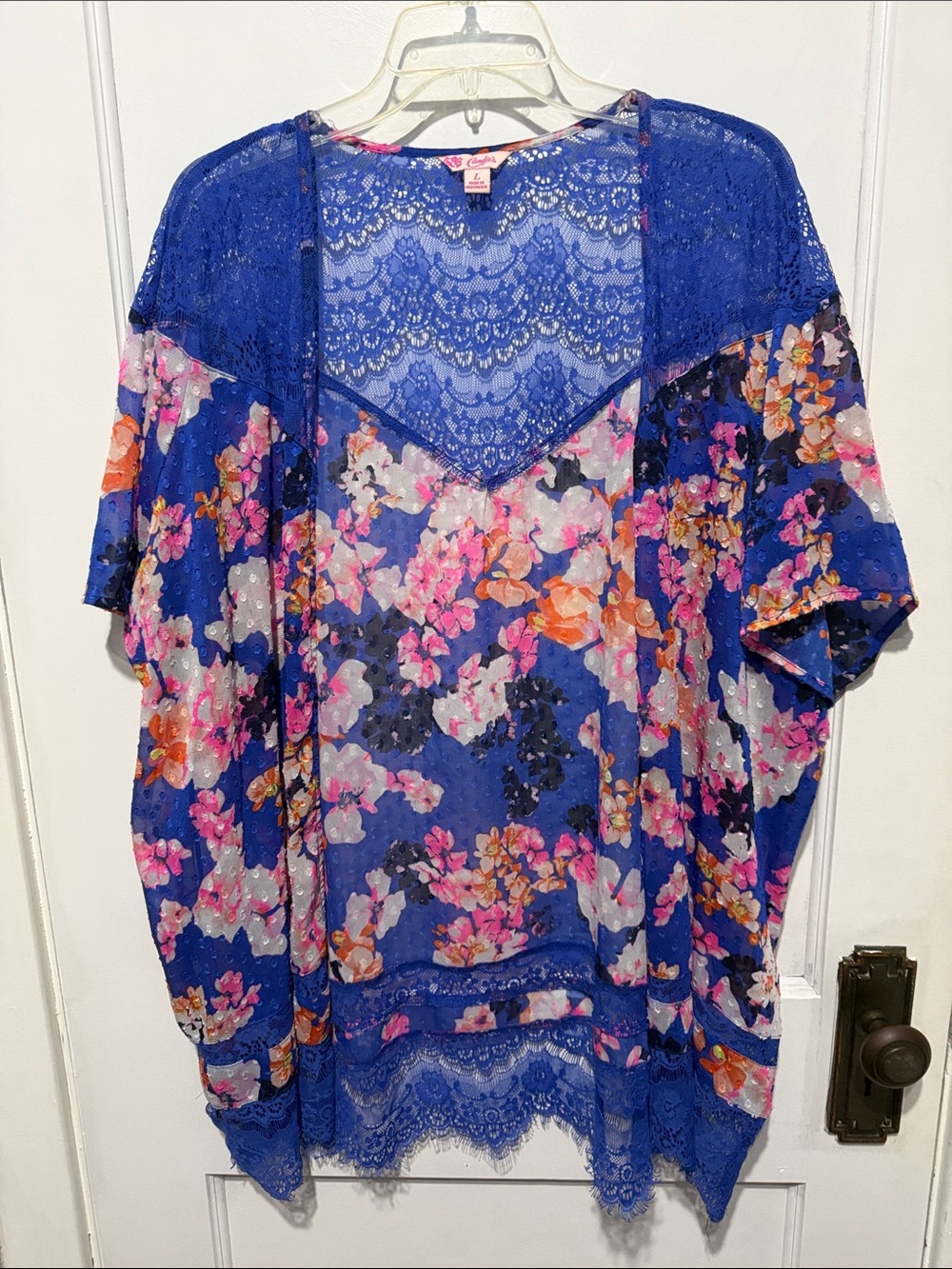 Vintage Candie’s Royal Blue Floral Lace-Trim Kimono
